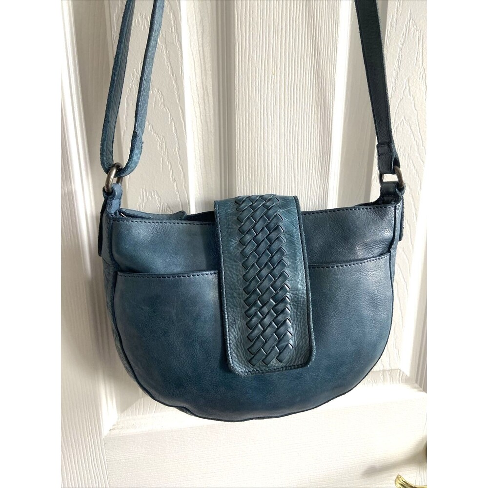 Vilenca Holland Woven Leather Handbag Tote Teal Blue Designer Crossbody Moon